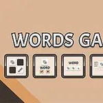 Textul Words Games pe un fundal bej cu cinci pictograme pătrate sub el și un colț marcat 5 in 1