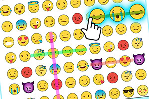 Emoticoane colorate de diverse expresii faciale, cu o mână care indică un emoticon zâmbitor