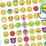 Emoticoane colorate de diverse expresii faciale, cu o mână care indică un emoticon zâmbitor