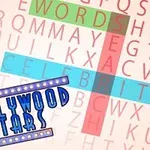Cuvintele „WORDS” și „CELEBRITY” sunt evidențiate într-o grilă de căutare de cuvinte, cu un logo colorat „HOLLYWOOD STARS” în colțul din stânga jos