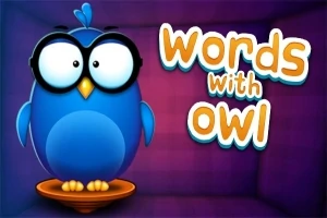 Bufniță albastră cu ochelari și textul „Words with Owl” pe un fundal violet