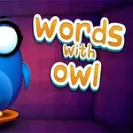 Bufniță albastră cu ochelari și textul „Words with Owl” pe un fundal violet