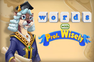 Personaj desenat, un câine îmbrăcat ca un profesor, cu costum și tocă academică, ținând o rolă de hârtie, cu text words with Prof