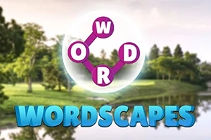 Peisaj natural cu copaci și un lac, având un cerc alb cu literele W, O, R, D conectate între ele și textul WORDSCAPES deasupra