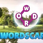 Peisaj natural cu copaci și un lac, având un cerc alb cu literele W, O, R, D conectate între ele și textul WORDSCAPES deasupra