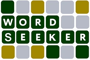 Cuvintele WORD SEEKER sunt aranjate în două rânduri de litere albe pe fundal verde în mijlocul unei grile de pătrate gri și galbene
