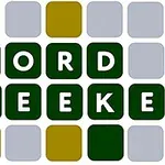 Cuvintele WORD SEEKER sunt aranjate în două rânduri de litere albe pe fundal verde în mijlocul unei grile de pătrate gri și galbene