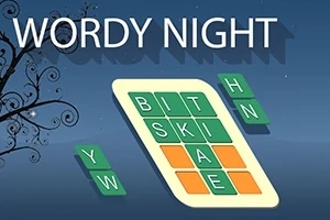 Textul WORDY NIGHT pe un fundal albastru cu elemente de design asemănătoare unei table de puzzle cu litere variate și un decor cu crenguțe negre