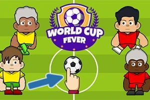 Patru personaje animate stilizate pe un teren de fotbal cu o minge și un deget arătător, lângă un logo cu textul World Cup Fever