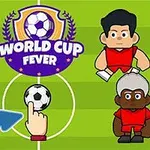 Patru personaje animate stilizate pe un teren de fotbal cu o minge și un deget arătător, lângă un logo cu textul World Cup Fever