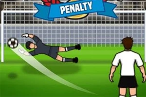 Portar plonjând spre minge într-un joc de fotbal, cu un jucător în tricou alb privindu-l