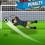 Portar plonjând spre minge într-un joc de fotbal, cu un jucător în tricou alb privindu-l