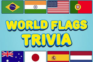 Drapelele Braziliei, Indiei, Statelor Unite, Portugaliei, Australiei, Japoniei, Spaniei și Olandei sunt prezentate cu textul World Flags Trivia pe un fundal albastru