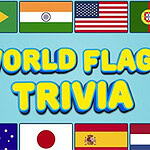 Drapelele Braziliei, Indiei, Statelor Unite, Portugaliei, Australiei, Japoniei, Spaniei și Olandei sunt prezentate cu textul World Flags Trivia pe un fundal albastru
