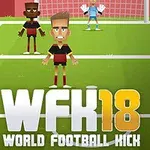 Trei jucători de fotbal desenați animat pe un teren de fotbal, cu un portar în poartă și un logo WFK18 în partea de jos