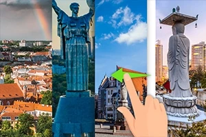 Patru imagini alăturate care includ o vedere panoramică a unui oraș, o statuie impunătoare, o clădire urbană și o statuie budistă, cu o mână care indică trecerea între imagini