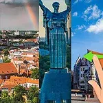 Patru imagini alăturate care includ o vedere panoramică a unui oraș, o statuie impunătoare, o clădire urbană și o statuie budistă, cu o mână care indică trecerea între imagini