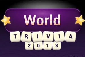 Textul World Trivia 2018 pe un fundal mov, cu stele galbene pe laterale
