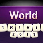 Textul World Trivia 2018 pe un fundal mov, cu stele galbene pe laterale
