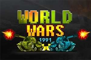 Textul „World Wars 1991” în stil pixelat deasupra a două tancuri, unul verde și unul albastru, care trag proiectile