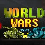 Textul „World Wars 1991” în stil pixelat deasupra a două tancuri, unul verde și unul albastru, care trag proiectile
