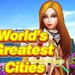 Fată desenată lângă un râu cu clădiri iconice în fundal și textul Worlds Greatest Cities deasupra