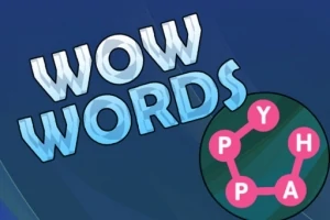 Textul WOW WORDS pe un fundal albastru cu un cerc conținând literele P, Y, H, A conectate prin linii roz