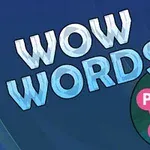 Textul WOW WORDS pe un fundal albastru cu un cerc conținând literele P, Y, H, A conectate prin linii roz