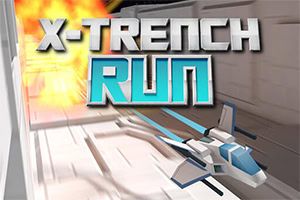 Nava spațială zburând printr-un tunel futurist cu o explozie în fundal și textul X-Trench Run deasupra