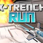 Nava spațială zburând printr-un tunel futurist cu o explozie în fundal și textul X-Trench Run deasupra