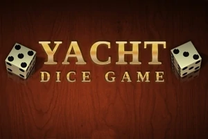 Două zaruri albe și textul Yacht Dice Game pe un fundal de lemn