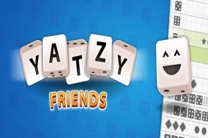 Cuvintele Yatzy Friends sunt afișate pe fundal albastru cu zaruri stilizate și un tabel de scor în dreapta