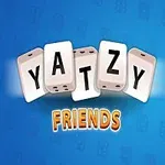 Cuvintele Yatzy Friends sunt afișate pe fundal albastru cu zaruri stilizate și un tabel de scor în dreapta