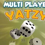 Titlul MULTI PLAYER YATZY deasupra unor zaruri albe cu puncte negre pe un fundal verde