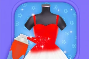 Rochie pe un manechin fiind vopsită cu spray roșu, pe un fundal albastru cu forme stelare