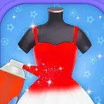 Rochie pe un manechin fiind vopsită cu spray roșu, pe un fundal albastru cu forme stelare