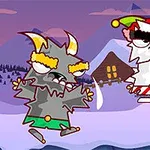 Două creaturi animate cu coarne și sprâncene groase într-un peisaj de iarnă cu munți și cabane în fundal