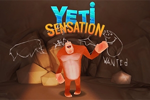 Un Yeti portocaliu în picioare într-o peșteră, cu desene pe pereți și textul Yeti Sensation deasupra sa