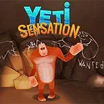 Un Yeti portocaliu în picioare într-o peșteră, cu desene pe pereți și textul Yeti Sensation deasupra sa