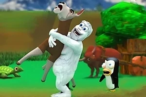 Yeti alb ținând un cerb în brațe, alături de un pinguin, cu o broască țestoasă în fundal, pe o pajiște verde