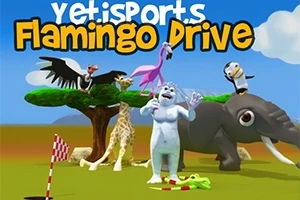 Iată descrierea în română: Un urs polar alb stă lângă un flamingo roz, o girafă, un elefant, un vultur, un pinguin și un copac, cu un steag în carouri roșii și albe în față, pe un fundal de cer albastru cu nori