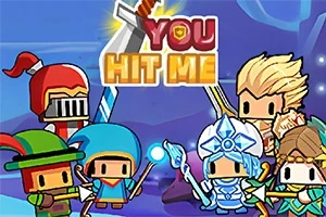 Personaje de desene animate în stil RPG, inclusiv un cavaler, un arcaș și un vrăjitor, adunate sub un titlu care spune YOU HIT ME