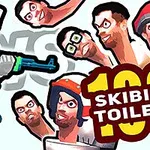 Un robot cu o armă și mai multe capete umane suprapuse, cu un text mare 100 Skibidi Toilets
