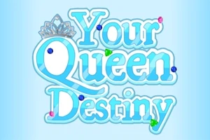 Logo albastru cu textul Your Queen Destiny decorat cu o coroană și pietre prețioase colorate