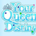 Logo albastru cu textul Your Queen Destiny decorat cu o coroană și pietre prețioase colorate
