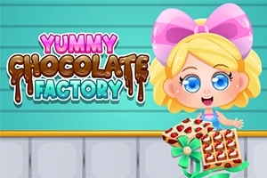 Personaj animat cu păr blond și fundă roz ținând o tavă de ciocolată decorată, lângă un text colorat care spune „Yummy Chocolate Factory”