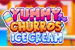 Text colorat care spune „Yummy Churros Ice Cream” cu fundal estompat și detalii decorative