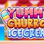 Text colorat care spune „Yummy Churros Ice Cream” cu fundal estompat și detalii decorative