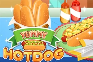 Un hot dog delicios cu chifle proaspete, sosuri colorate și toppinguri apetisante alături de cuvântul Yummy și decor colorat