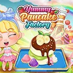 Personaj animat fericit lângă un desert colorat cu clătite și toppinguri, pe un fundal de tărâm dulce, plin de bomboane și curcubeie